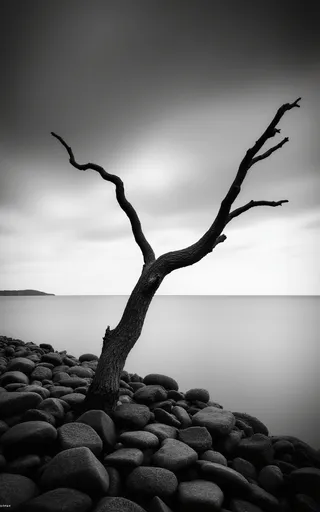 A black-and-white photo of a solitary, twisted, gnarled tree standing on a rocky shore with smooth sea water and a cloudy sky in the background.