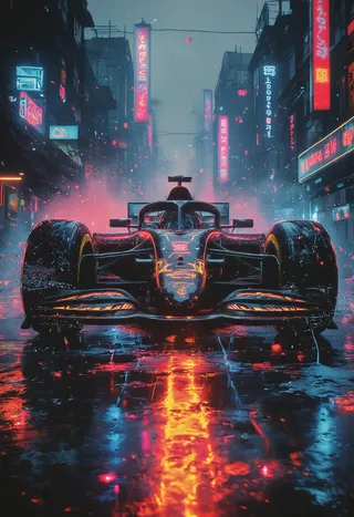 Close-up of a luxurious racing car with bright neon lights reflecting on wet asphalt in a rain-soaked urban street at night