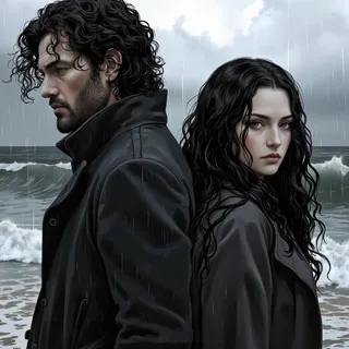 Digital illustration of a serious couple with curly black hair wearing black coats standing back-to-back in the rain by a stormy ocean with crashing waves.
