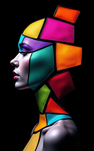 Side profile of a human face and upper torso fragmented into irregular geometric shapes filled with vibrant colors on a black background