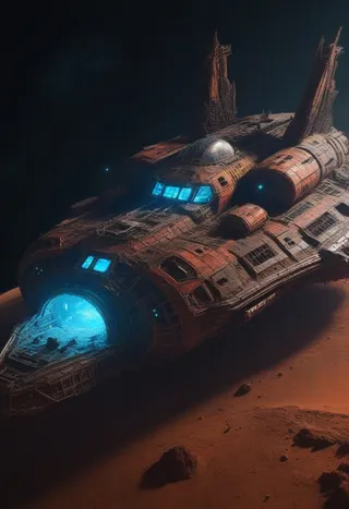 Intricately detailed, dark-themed wreck of a spaceship glowing with colorful blue lights resting on the surface of Mars.