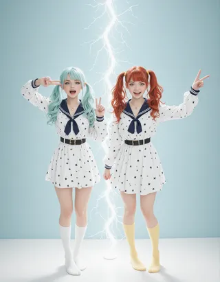 Two girls with aqua and red hair wearing white sailor dresses adorned with star patterns, posing energetically in front of a blue background with lightning between them.