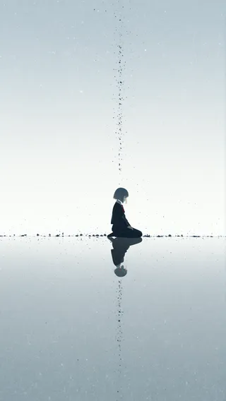 A minimalist, serene image of a solitary figure sitting in contemplation on a reflective surface, surrounded by vast negative space with a subtle vertical flow of particles.