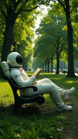 Astronaut wearing a white spacesuit sitting on a black park bench, reading a book surrounded by lush green foliage and trees in warm sunlight.