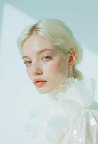 Close-up portrait of an ethereal woman with piercing blue eyes and platinum hair, wearing a delicate white dress with soft lighting and a minimalistic background.