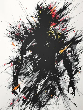 A dynamic inked silhouette of a futuristic rogue outlined with harsh rimlight and vibrant splashes of red, orange, and yellow amidst black abstract strokes and turbulent edges.
