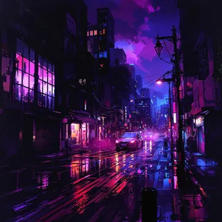 A moody city street at night glowing with neon reflections on rain-soaked pavement, illuminated buildings, and a vibrant violet and blue sky.