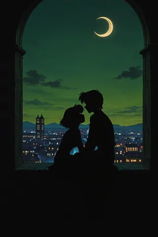 Silhouettes of a boy and girl sitting together in an Arabic archway overlooking a city skyline at night under a glowing crescent moon against a green luminous sky in 1990s anime style.