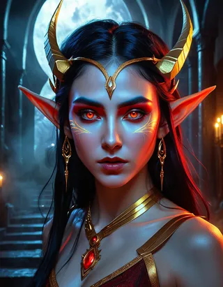 Hyper-realistic digital art of a dystopian princess with golden horns, glowing red-gold eyes, elf-like ears, and intricate gold jewelry, standing in a dark gothic setting.