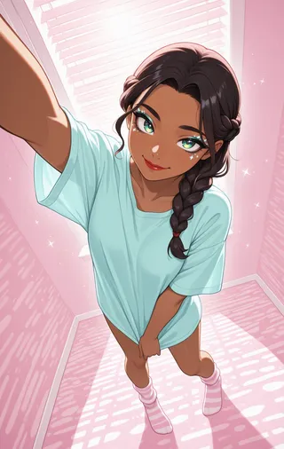 Anime-style illustration of a brown-skinned girl with hazel-green eyes and side-swept braid, wearing a light blue pajama shirt and pink fuzzy socks, applying red lipstick with a smirk in a pink bedroom lit by window blinds.
