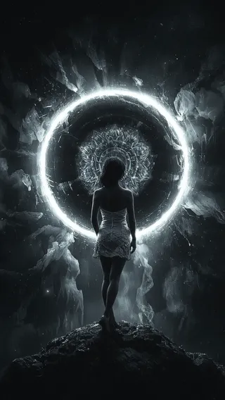 A silhouette of a woman standing on rocky terrain facing a glowing black hole with rotating holographic mandalas inside it, set in a cosmic atmosphere with glitch-tech and overexposed bloom effects.