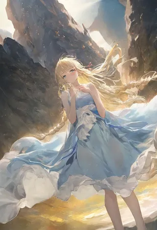 A blonde woman embodying Swedish goddess Freyja stands on a frozen mountain summit wearing a flowing blue dress, her long braided hair illuminated by cinematic lighting.