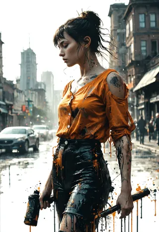 Profile of a mature female with short dark hair in an orange cold-shoulder shirt and black pants covered in black and orange paint splatter, standing on a rainy urban street.