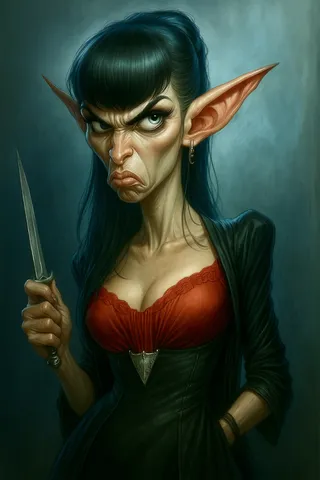 Stylized portrait of a defiant female elven rogue with sharp features, long dark hair, exaggerated pointed ears, wearing a crimson lace corset under a black leather wrap dress, holding a dagger against a cool, misty teal-gray background.