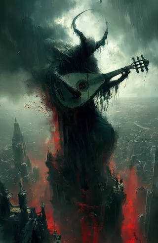 A towering dark figure with horns playing a lute amid a stormy, blood-raining sky over a sprawling cityscape with glowing red cracks below.