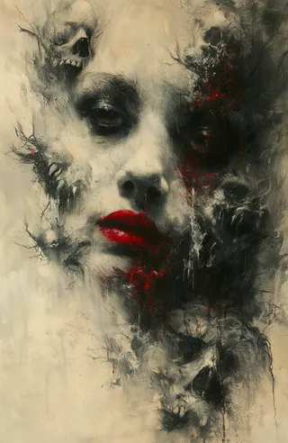 Dark haunting portrait of a pale face with vivid red lips and death-filled eyes surrounded by ghostly skulls and ominous shadows.