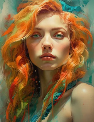 Portrait of a woman with light skin and flowing hair in shades of orange, red, blue, and teal, featuring striking green eyes and a serene expression with an abstract colorful background.