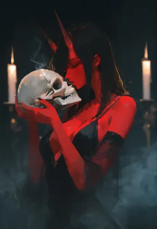Red-skinned oni girl with straight horns in a mourning dress holding and kissing a skull, surrounded by candlelight and fog in a dark room.
