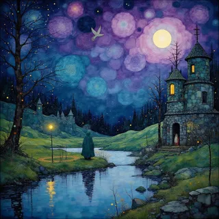 A mystical twilight landscape featuring a stone tower by a river under a swirling purple and blue sky with glowing fireflies and a bird in flight.