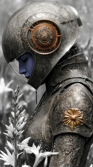 Profil d'une silhouette portant une armure métallique finement gravée et un casque futuriste détaillé avec un visage bleu visible à l'intérieur, entourée de fleurs blanches en flou artistique.