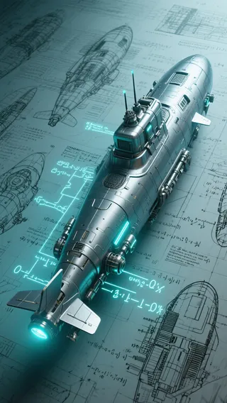 A highly detailed cyberpunk-style futuristic submarine model with glowing blue lights, positioned on complex blueprint sketches.
