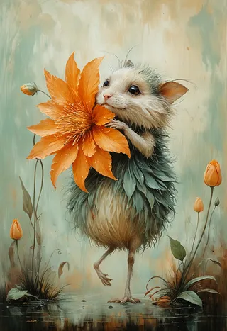 A detailed dark fantasy oil painting showing a small furry creature with round body and thin legs holding a large orange flower, set against a muted green and beige abstract background.