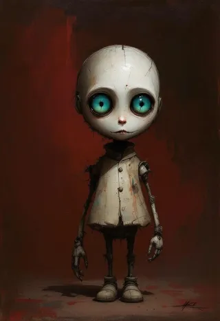 A full-length view of a little funny robot with a porcelain face and head, large turquoise eyes, and mechanical limbs, painted in a dark cinematic impressionistic style.