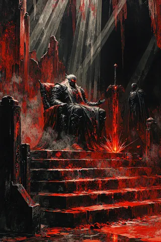 Elric de Melniboné sentado em um trono de rubi com armadura ornamental escura, cabelo branco longo e olhos carmesim. A espada longa negra brilhante Stormbringer paira diante dele em um salão arruinado e cheio de pó, com iluminação dramática em tons de cinza e vermelho.