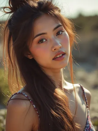 Close-up portrait of a beautiful female with long hair, soft makeup, wearing a summer dress outdoors bathed in natural sunlight.