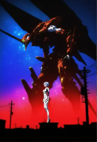 Ayanami Rei in a white bodysuit stands in front of massive red Eva_00 mecha under a vibrant starry twilight sky with silhouetted utility poles and buildings.