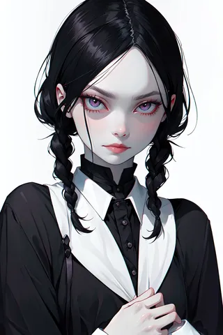 Portrait of Wednesday Addams with black braided hair, pale skin, dead eyes, and a black and white outfit.