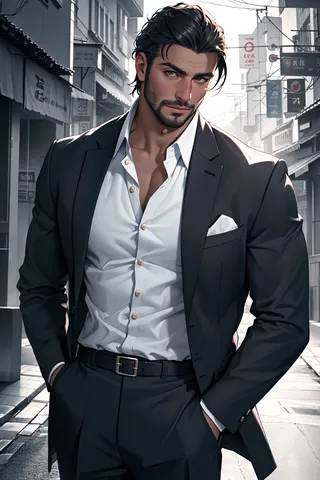 Portrait of a young handsome Turkish man wearing a black suit and white shirt, standing confidently on a city street with cinematic lighting.