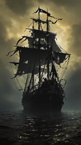 A hyperdetailed silhouette of a pirate ghost ship with tattered black sails and a jolly roger flag, emerging from mist in darkness over dark water.