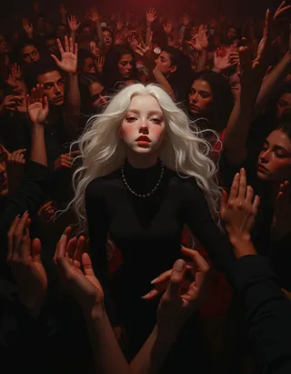 Hyper-realistic oil painting of a pale blonde girl wearing black, centered in a crowded venue with hands raised, captured with fisheye lens distortion and Rembrandt lighting.