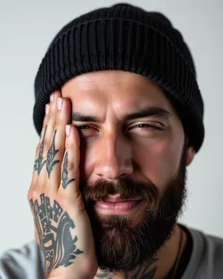 Close-cropped, hyper-realistic portrait of a bearded man wearing a black knit beanie, covering one side of his face with a tattooed hand, eyes closed in introspective expression.