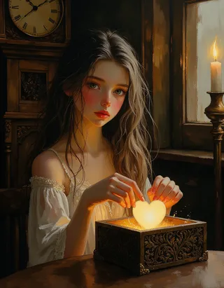 Ethereal young witch with glowing heart gem emerging from an ornate box, illuminated by candlelight and surrounded by antique clocks.