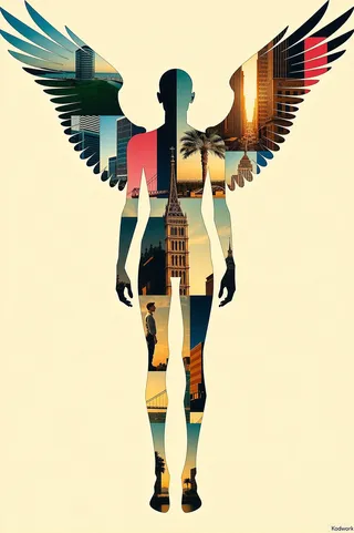 A mixed media collage of a cybernetic man with wings and long slender legs filled with photorealistic cityscapes and neon cyberpunk elements in a cinematic style.