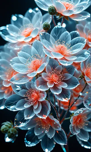 Close-up view of crystal flowers with translucent petals glowing with prismatic light and intricate details in a high-quality macro photographic style.