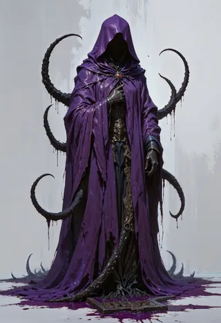 A dark figure in a glossy deep purple tattered cloak with black shiny tentacles extending from the hood, standing on a rune-covered pedestal with dripping purple substance.