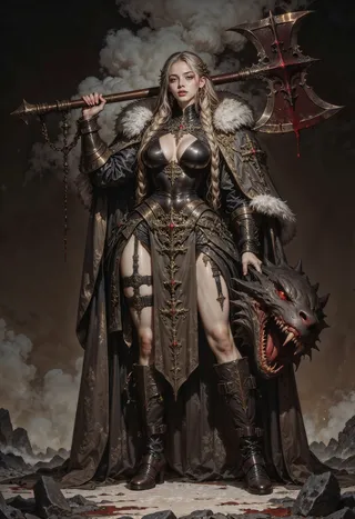 Highly detailed digital painting of a fierce warrior woman holding a blood-stained large battle axe over her shoulder and a severed dragon head, wearing ornate dark armor with fur and braided blonde hair.