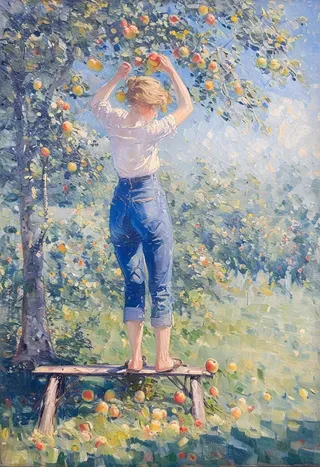 Impressionist painting of a woman picking apples while standing barefoot on a wooden bench under an apple tree, wearing denim jeans and a plaid shirt.