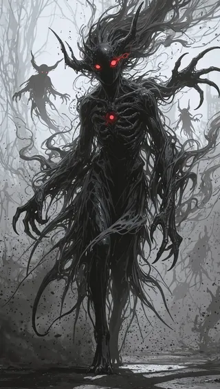 Dark, shadowy eldritch entity with glowing red eyes and clawed hands, looming with a wraith-like, smoky body in a foggy forest with similar figures in the background.