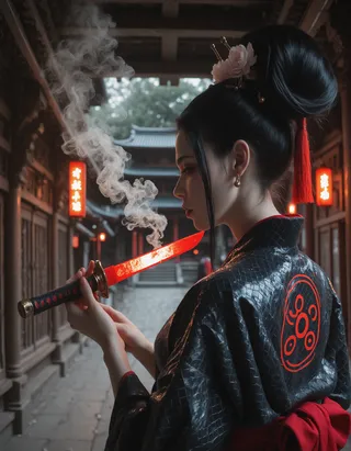 Side profile of a cyberpunk geisha holding a glowing red katana emitting smoke, inside an ancient Japanese temple corridor illuminated by red lanterns.