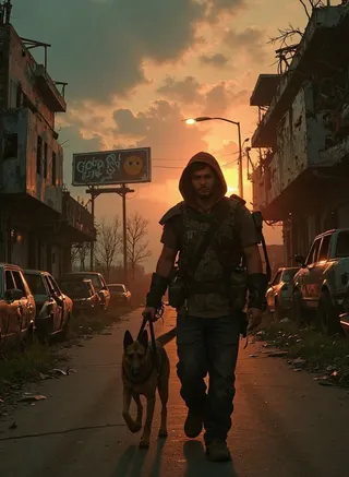 A rugged male survivor in patched armor walking a German Shepherd dog down a desolate city street at dusk, with ruined buildings, abandoned cars, and wildfire smoke in the background.