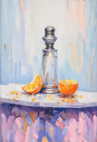 Impressionist still life painting of a half-peeled orange and a reflective salt shaker on a small table with abstract brushstrokes.