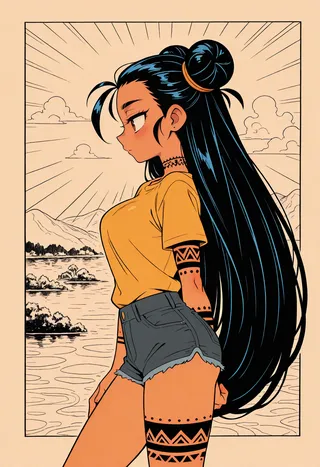 Anime-style illustration of a girl in profile with long black hair in a double bun and slicked-back undercut, wearing a yellow shirt and denim hotpants, decorated with traditional tribal tattoos on her arm and leg, against a cubist background featuring a lake and mountains.
