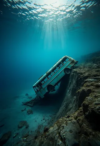 A submerged bus wreck leaning against a steep underwater cliff illuminated by ethereal shafts of sunlight penetrating the water, showcasing a serene and otherworldly landscape.