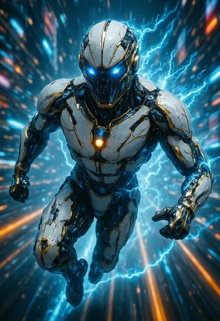 A futuristic cyber-knight clad in sleek white and black exo-armor with golden trims and glowing blue eyes, surrounded by blue electric energy and speed lines in a neon cityscape.