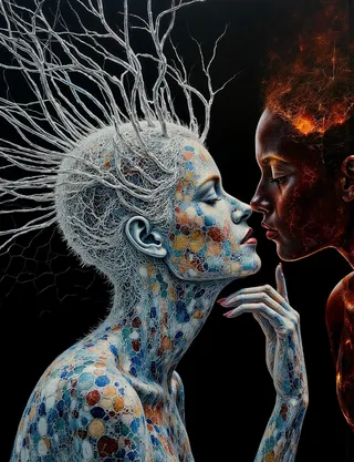Close-up of two women about to kiss, one with mosaic crackled glass skin and white branching hair, the other with glowing dark skin on a black background.