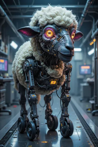 Advanced robotic sheep with white wool covering and black mechanical joints and wheels, glowing yellow and pink electronic eyes, on a metallic surface in a high-tech lab.